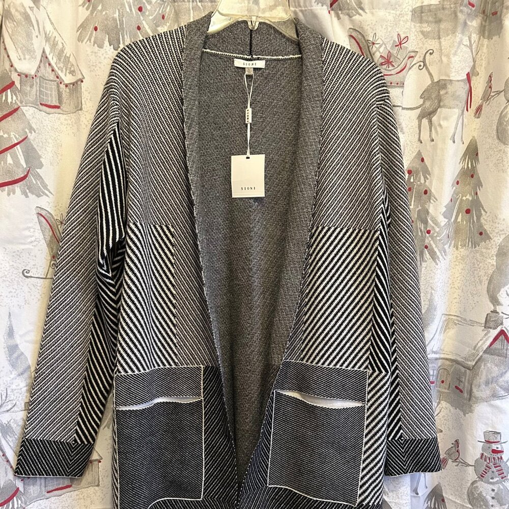 SIONI Open Front Duster Cardigan, Black & Eggshell, Size Large, Cotton Blend NWT